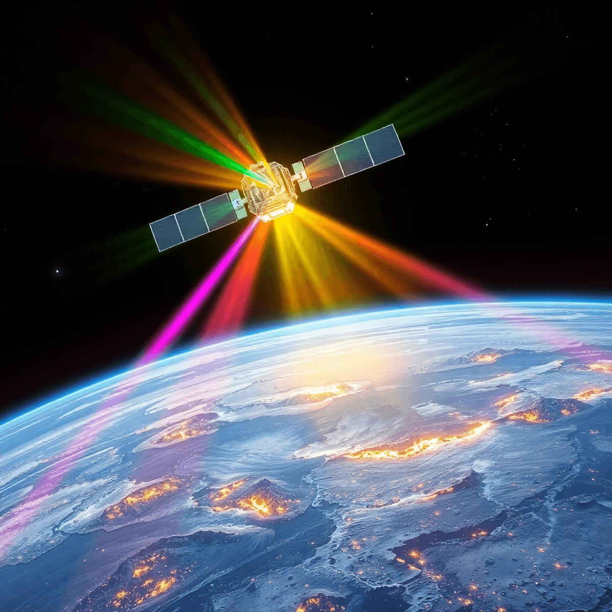 Futuristic satellite orbiting Earth, emitting colorful beams scanning mineral-rich landscapes with glowing ...