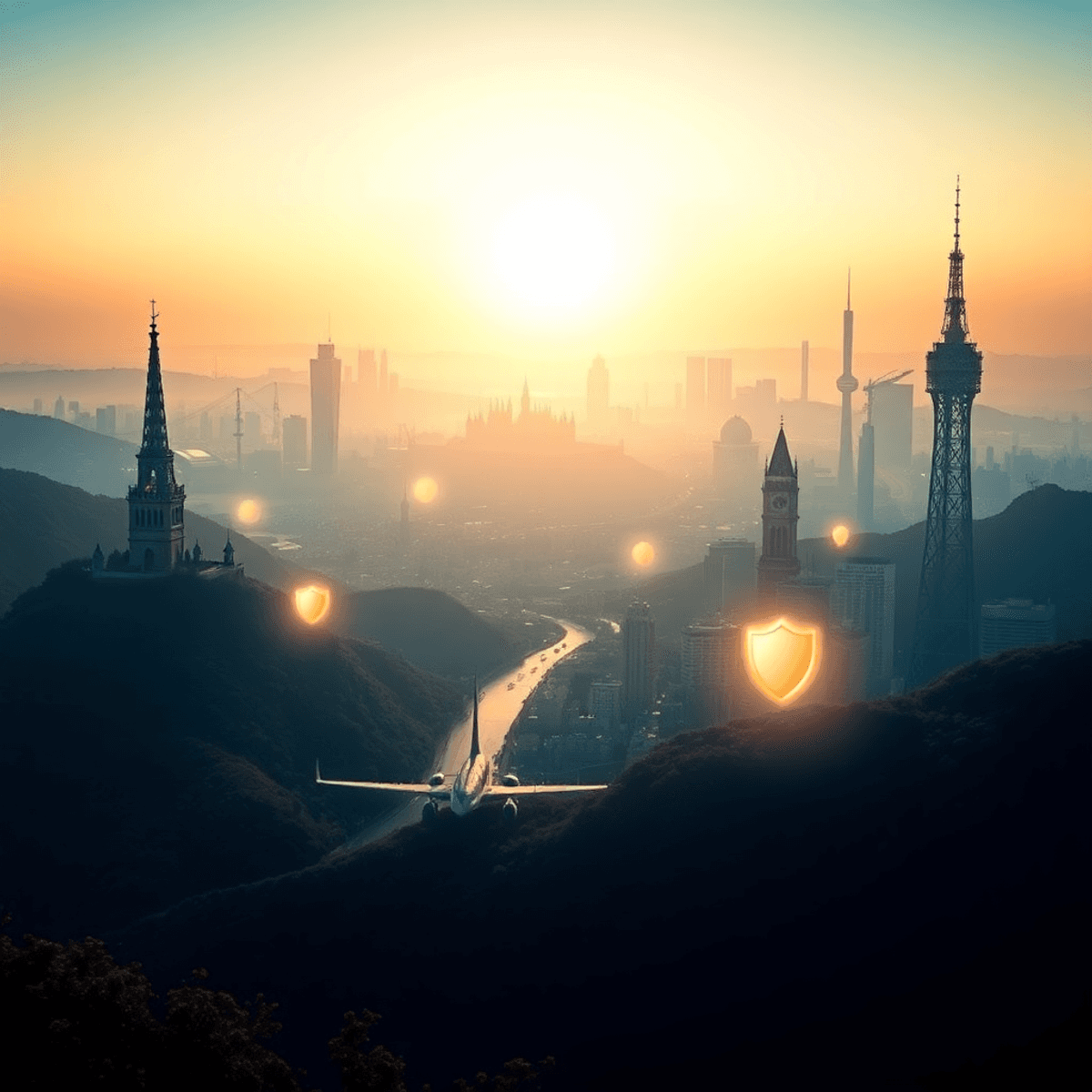 Panoramic landscape with iconic landmarks blended with glowing shields and soft light beams under a clear sunrise sky, evoking peace and security in travel.