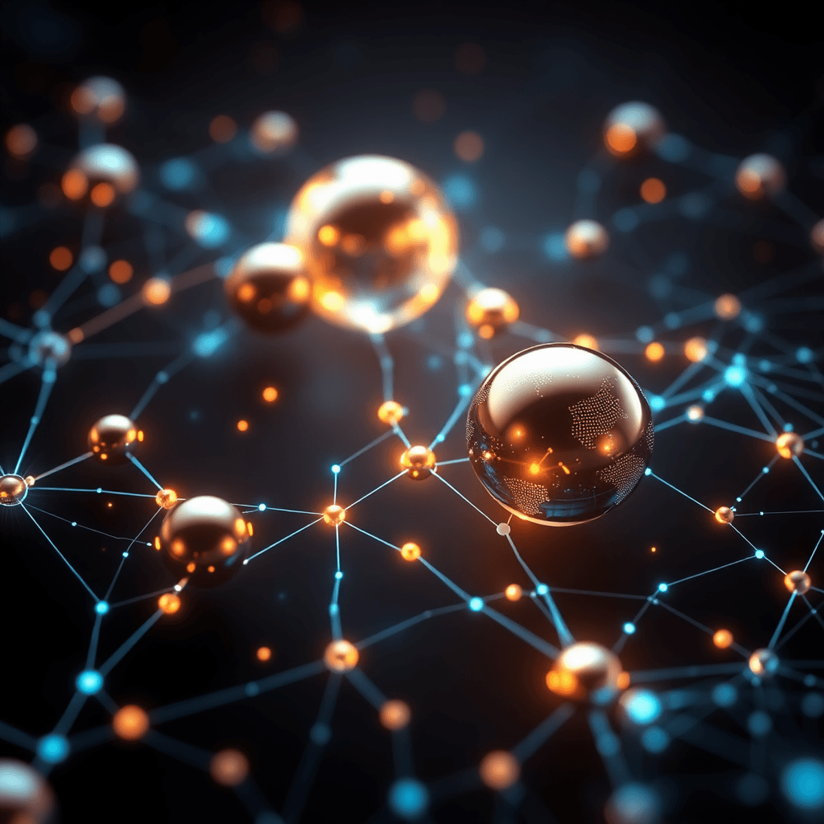 Glowing metallic spheres connected by flowing digital data streams and neural network patterns on a dark ba...