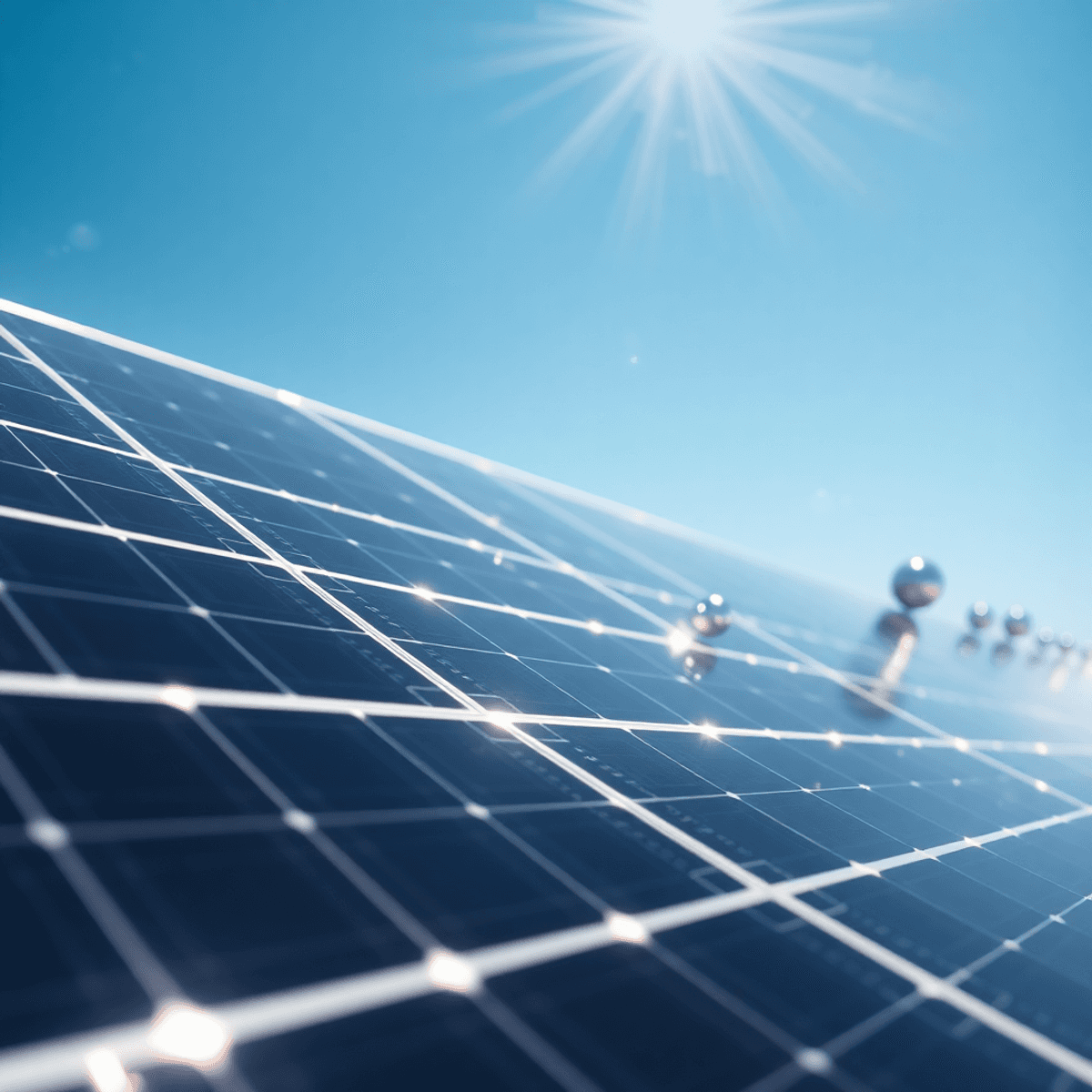Close-up of modern solar panels with glowing energy lines and metallic spheres symbolizing rare metals, und...
