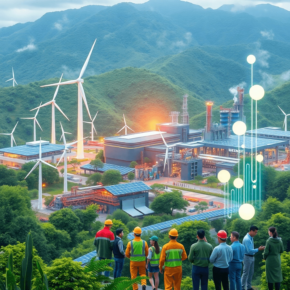Futuristic industrial scene with wind turbines, solar panels, modern factories, lush greenery, and diverse ...
