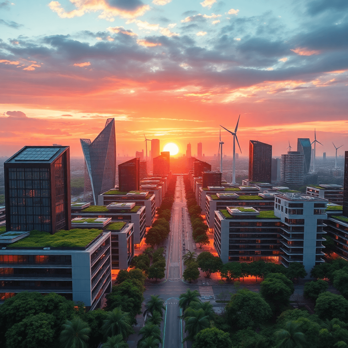 Futuristic city at sunset with modern green-roofed buildings, solar panels, wind turbines, glowing energy l...