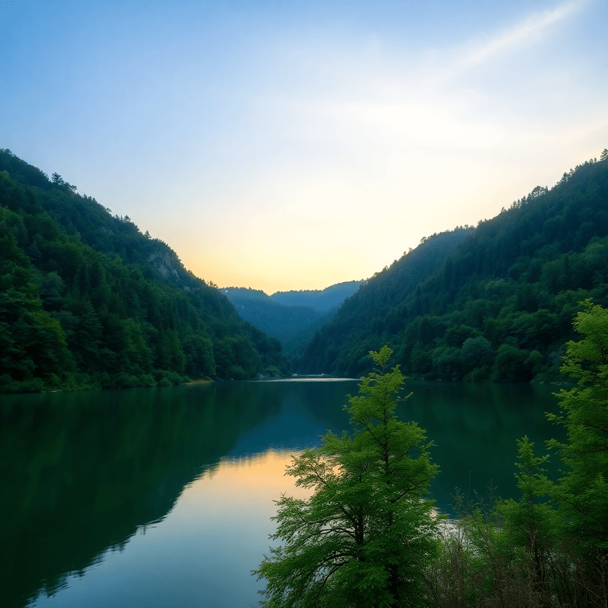 Lush green forest surrounding a calm, clear lake at sunrise with soft pastel sky, depicting peaceful, untou...