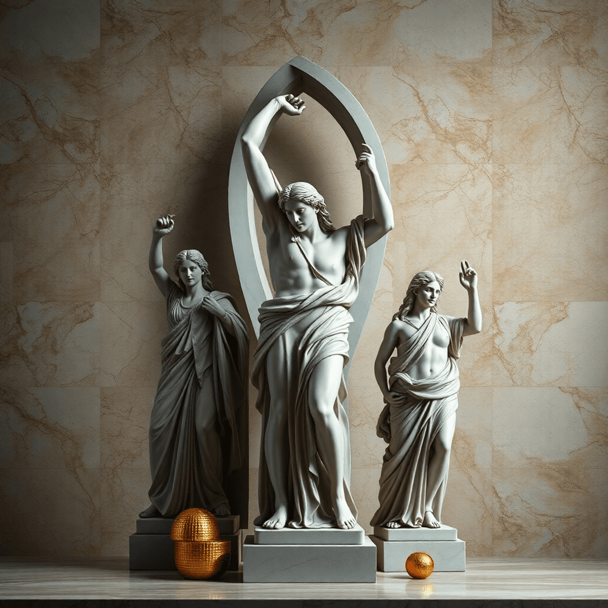 Photograph of classical Greek statues blended with modern abstract shapes on a textured marble-like backgro...