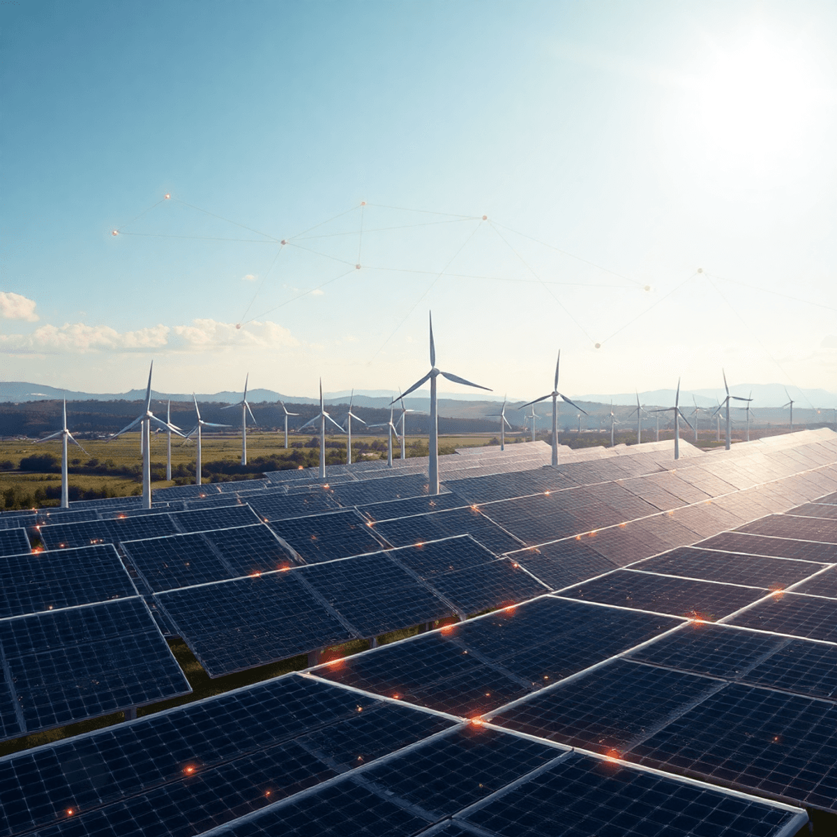 Futuristic wind farm and solar panels with glowing digital data streams and AI network patterns above, unde...