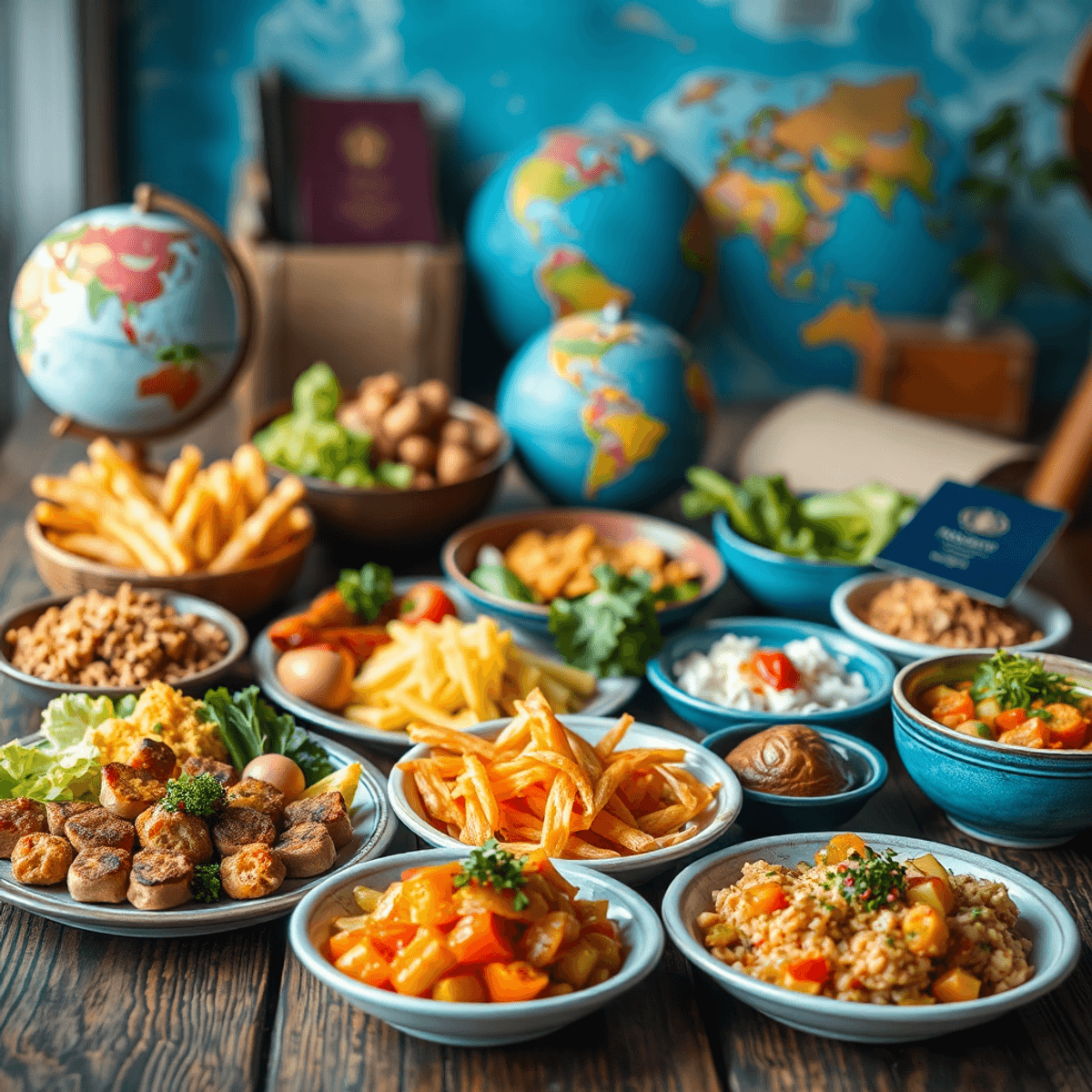 A rustic wooden table filled with colorful international dishes, a globe and passport blurred in the backgr...