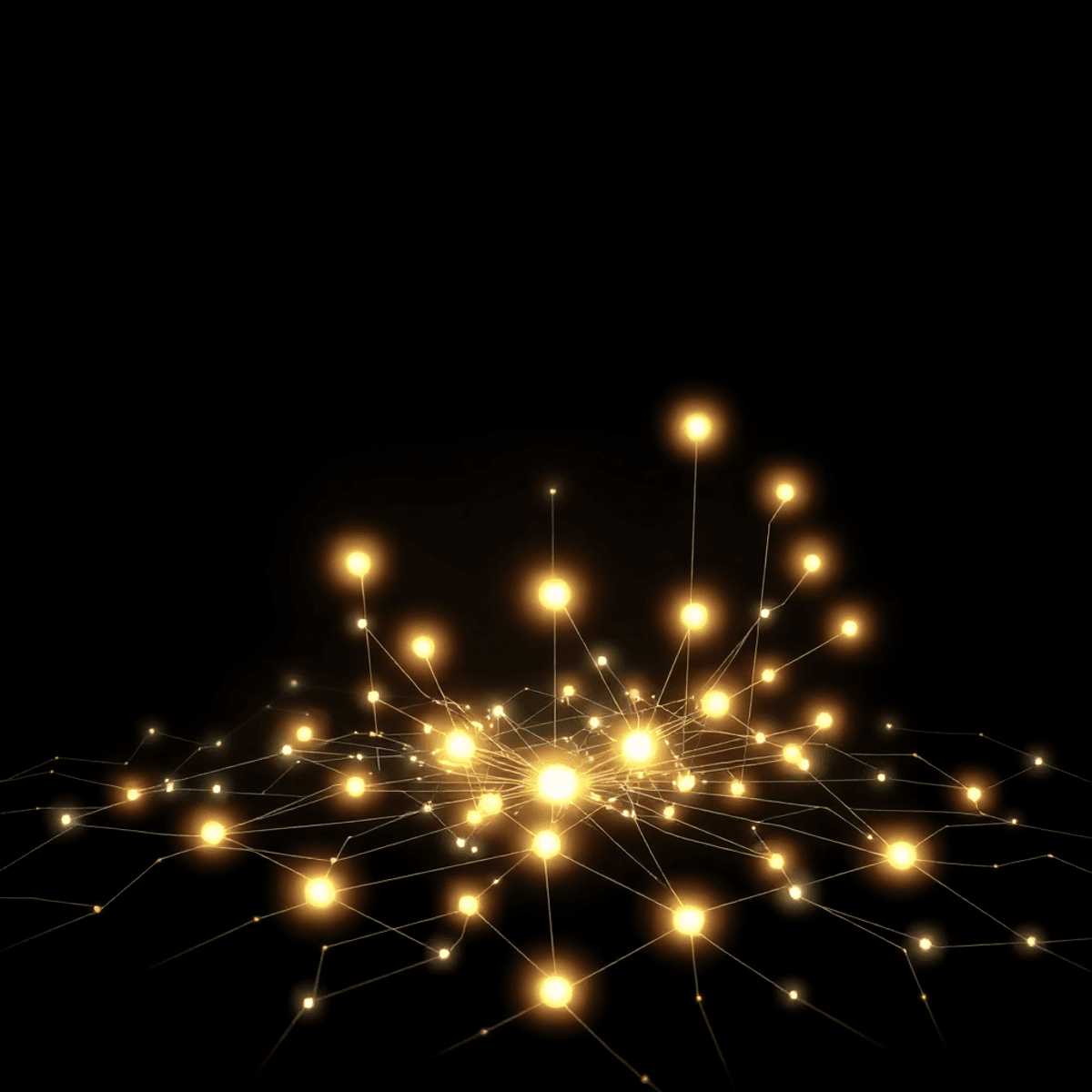 Glowing network nodes and interconnected lines over a dark city skyline silhouette, symbolizing digital influence and data flow in a realistic style.