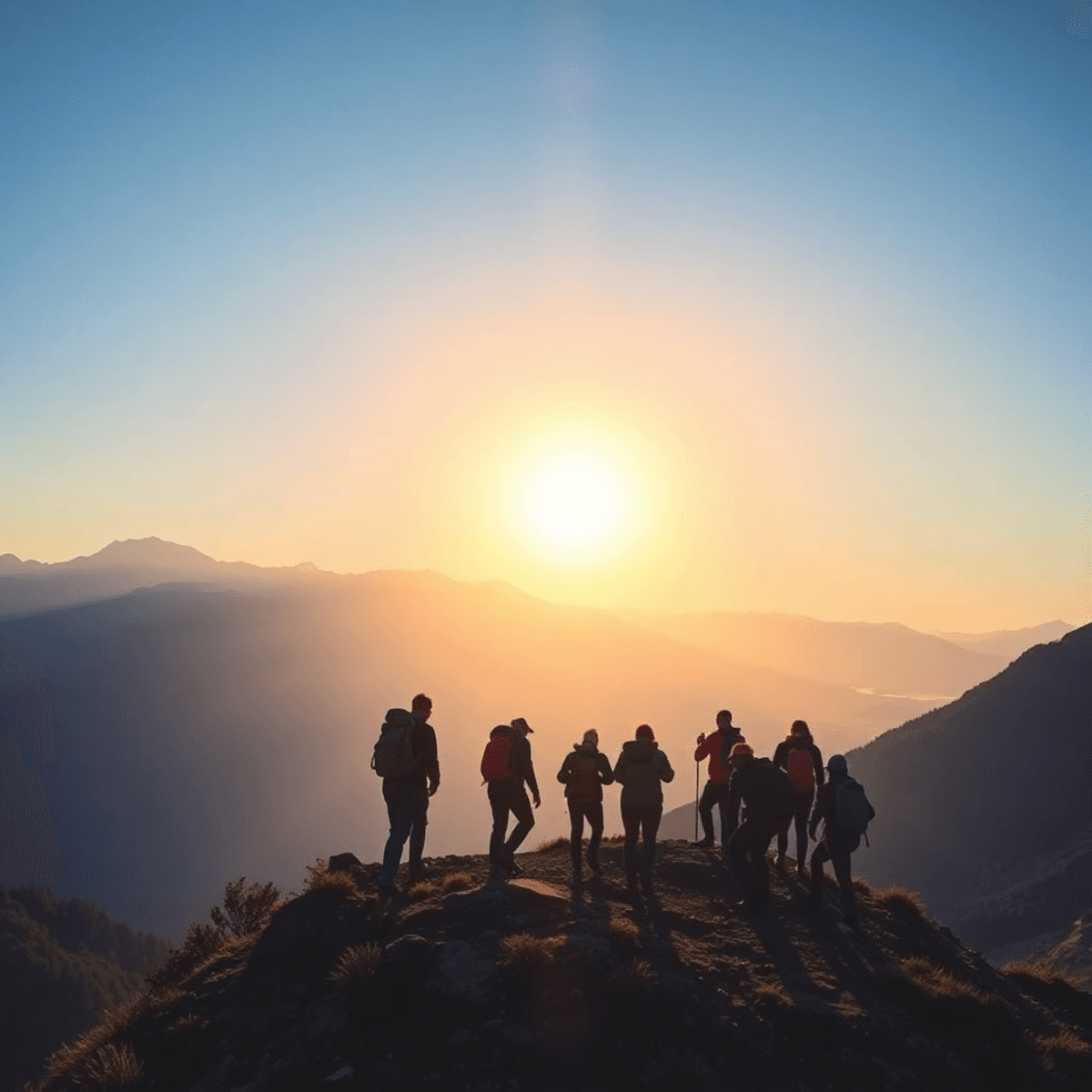 Group of people climbing a mountain trail at sunrise, symbolizing growth and perseverance with a clear path...