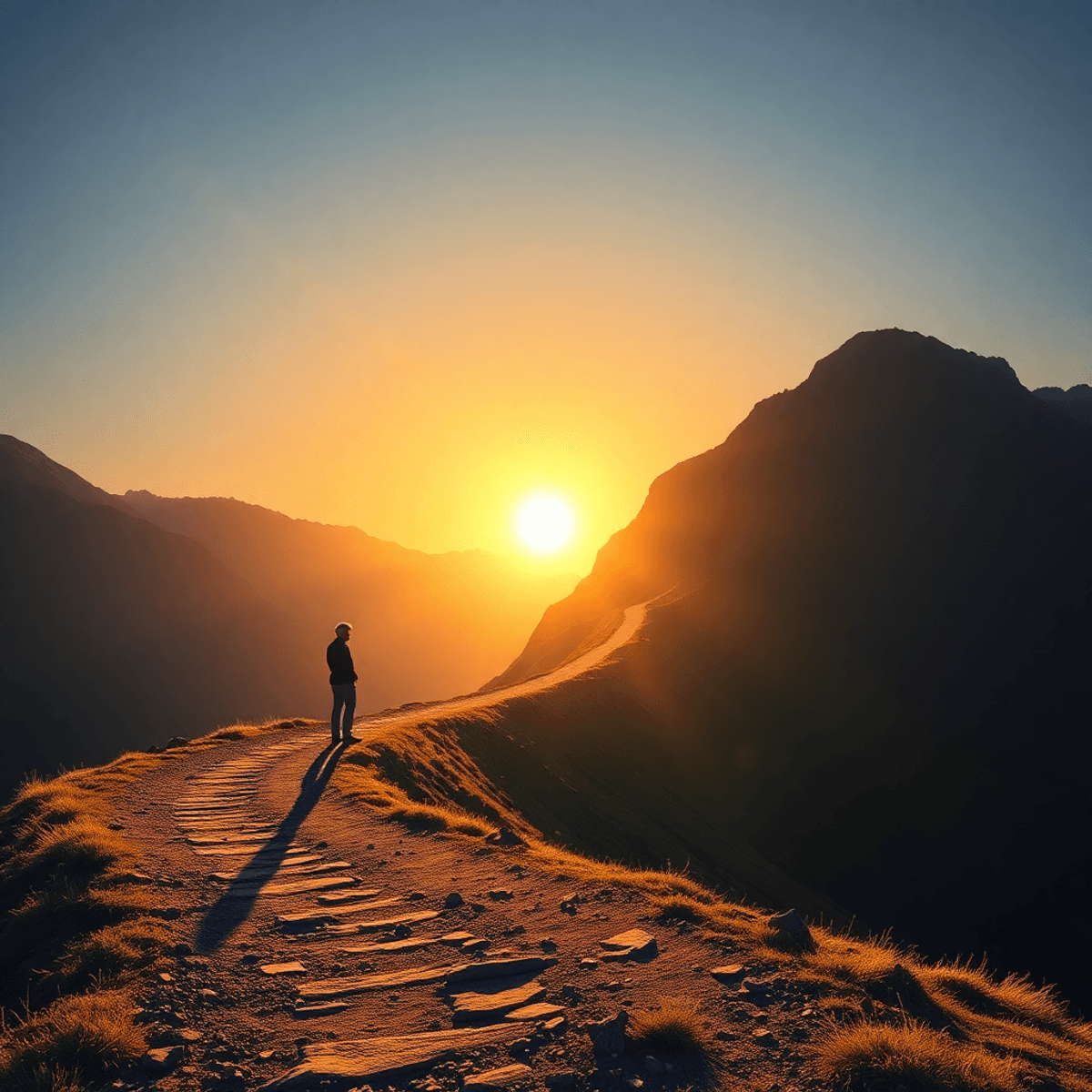 A winding mountain path at sunrise with a lone figure standing confidently at a turn, bathed in warm light ...