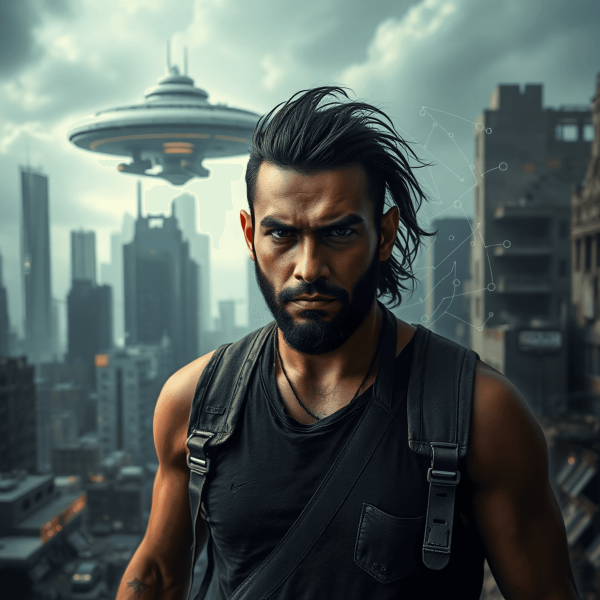 Dramatic futuristic cityscape with a rugged man in tattered clothes, sci-fi tech motifs swirling around him...