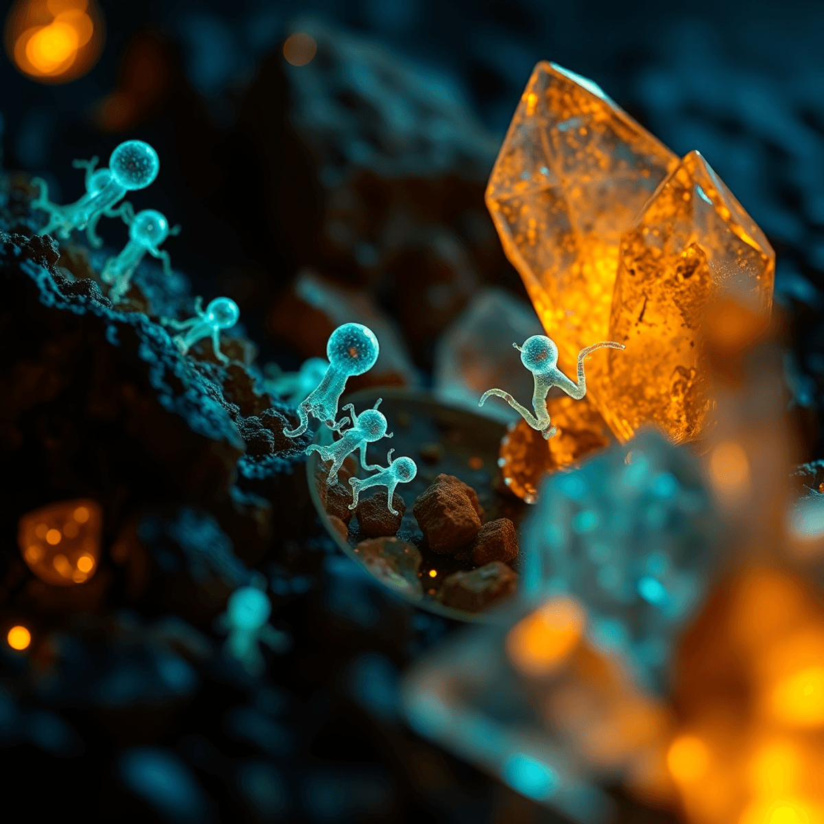 Close-up of glowing stylized microorganisms interacting with abstract mineral crystals in a vibrant natural...