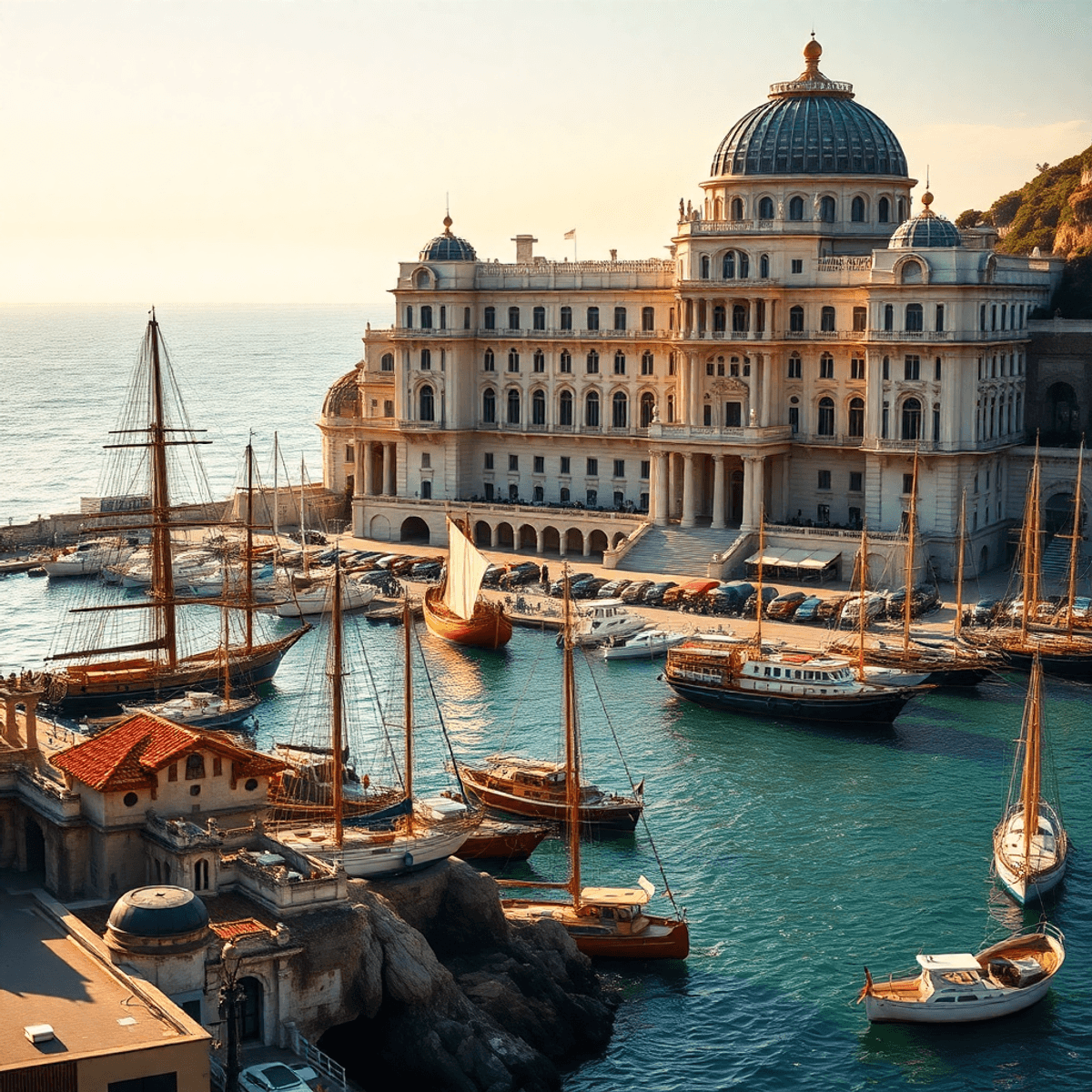 Luxurious seaside palace with classical architecture overlooking a busy port filled with sailing ships and ...