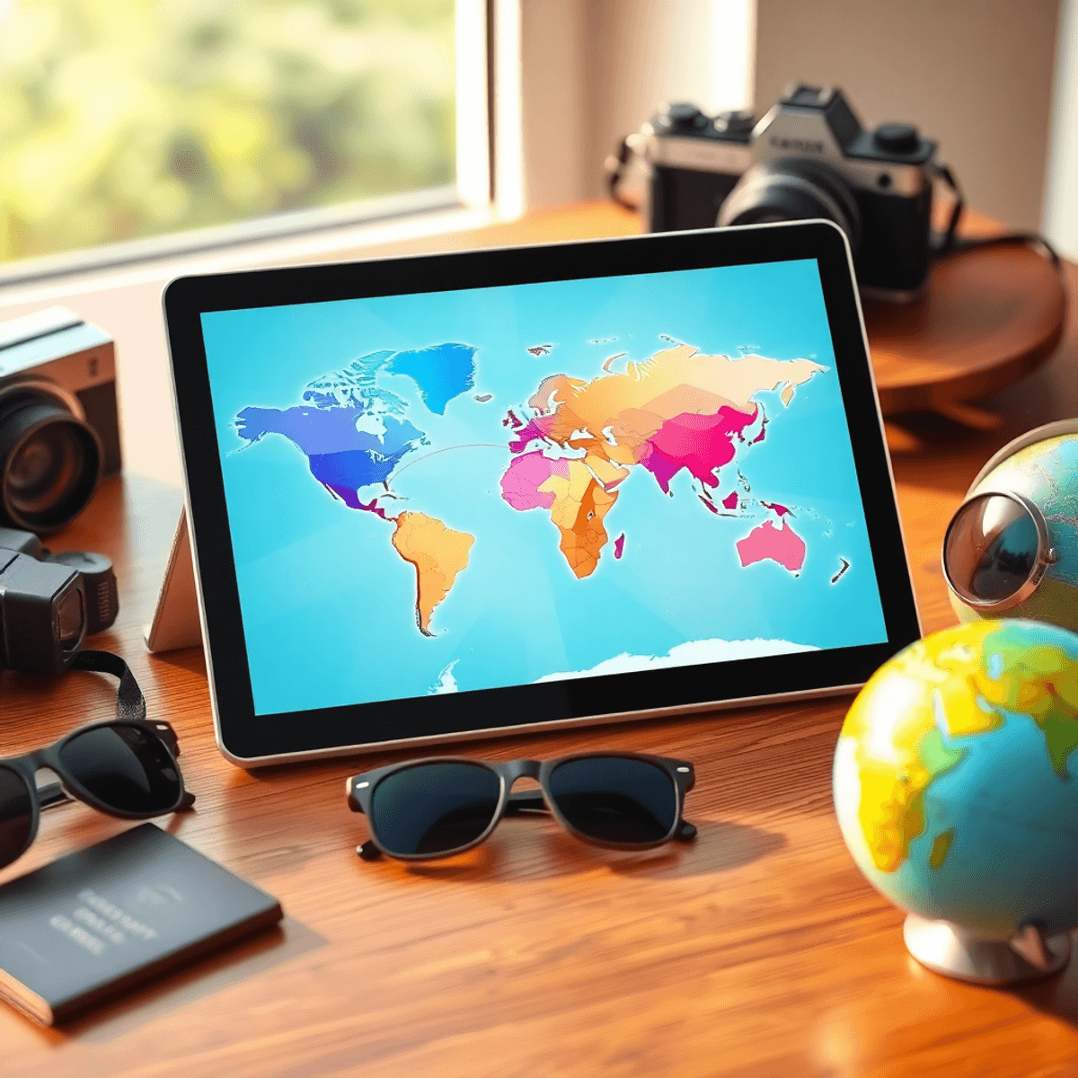 A digital tablet showing an abstract map with routes, surrounded by a camera, passport, sunglasses, and glo...