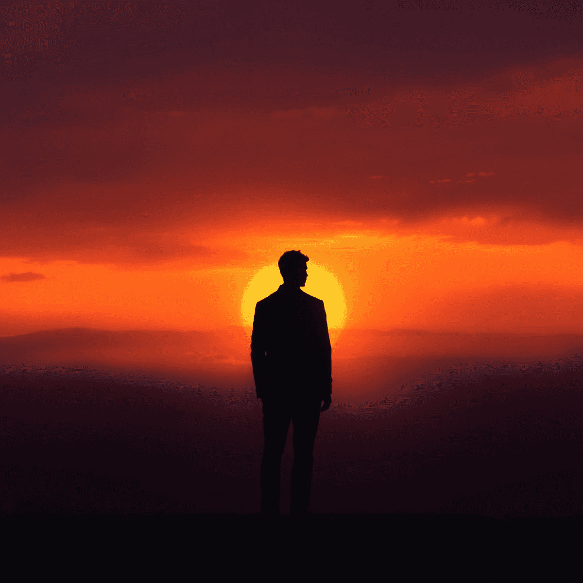 Silhouette of a lone figure against a dramatic sunset sky with warm orange and deep purple hues, highlighti...