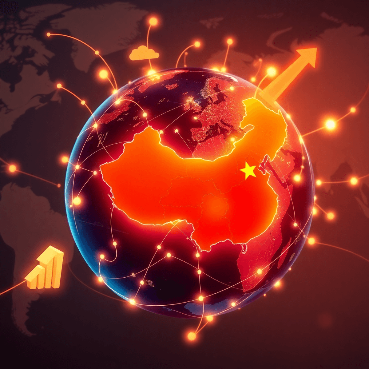 Glowing globe with interconnected lines highlighting China, surrounded by growth symbols like arrows and wa...