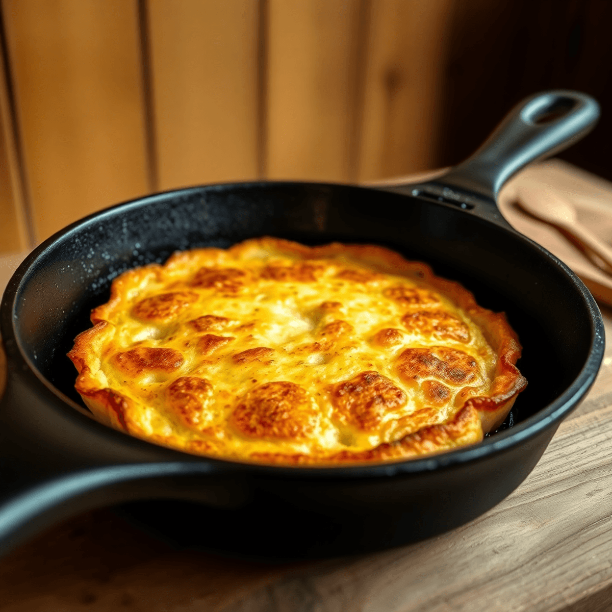 Close-up of a golden-brown Swiss Rösti potato cake sizzling in a cast-iron skillet with crispy edges and a ...