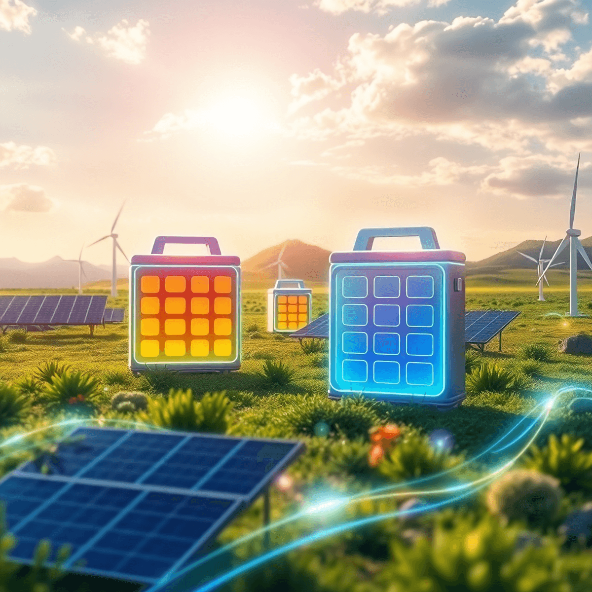 Futuristic energy landscape with glowing battery icons, solar panels, wind turbines, and dynamic light trai...