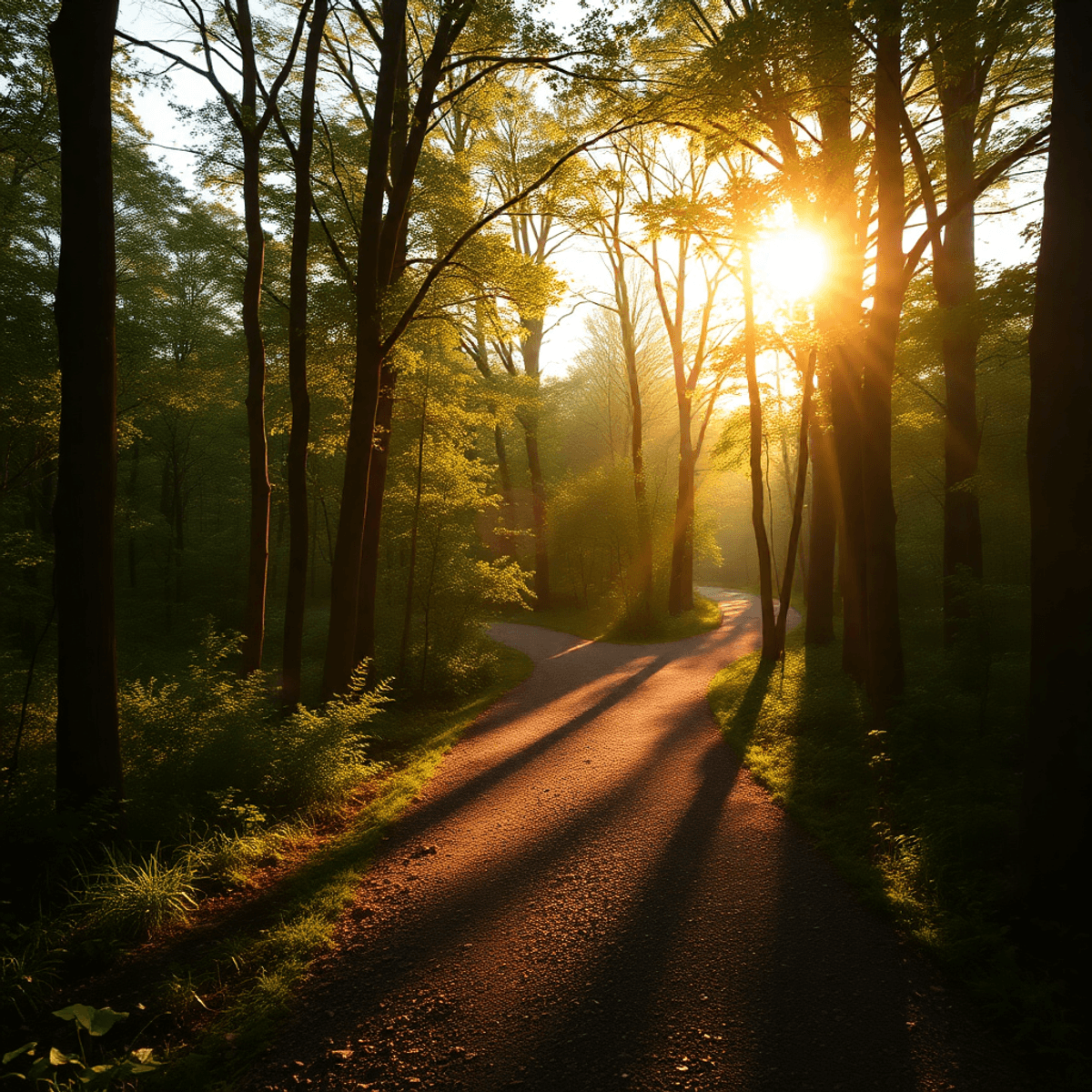 Sunlit forest path winding through lush greenery, bathed in soft golden light, evoking peace and introspection.