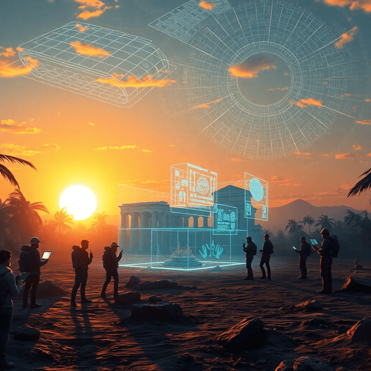 Futuristic archaeological dig at sunset with a team using advanced tech and holographic projections of ruin...
