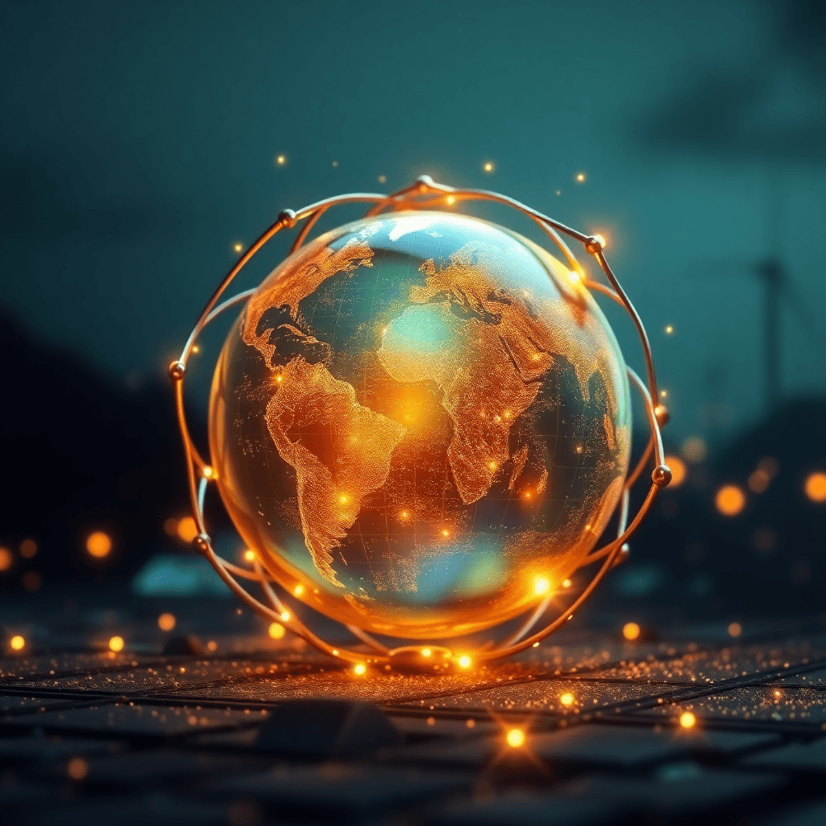 A realistic globe encircled by glowing metallic elements and green energy symbols like wind turbines and so...