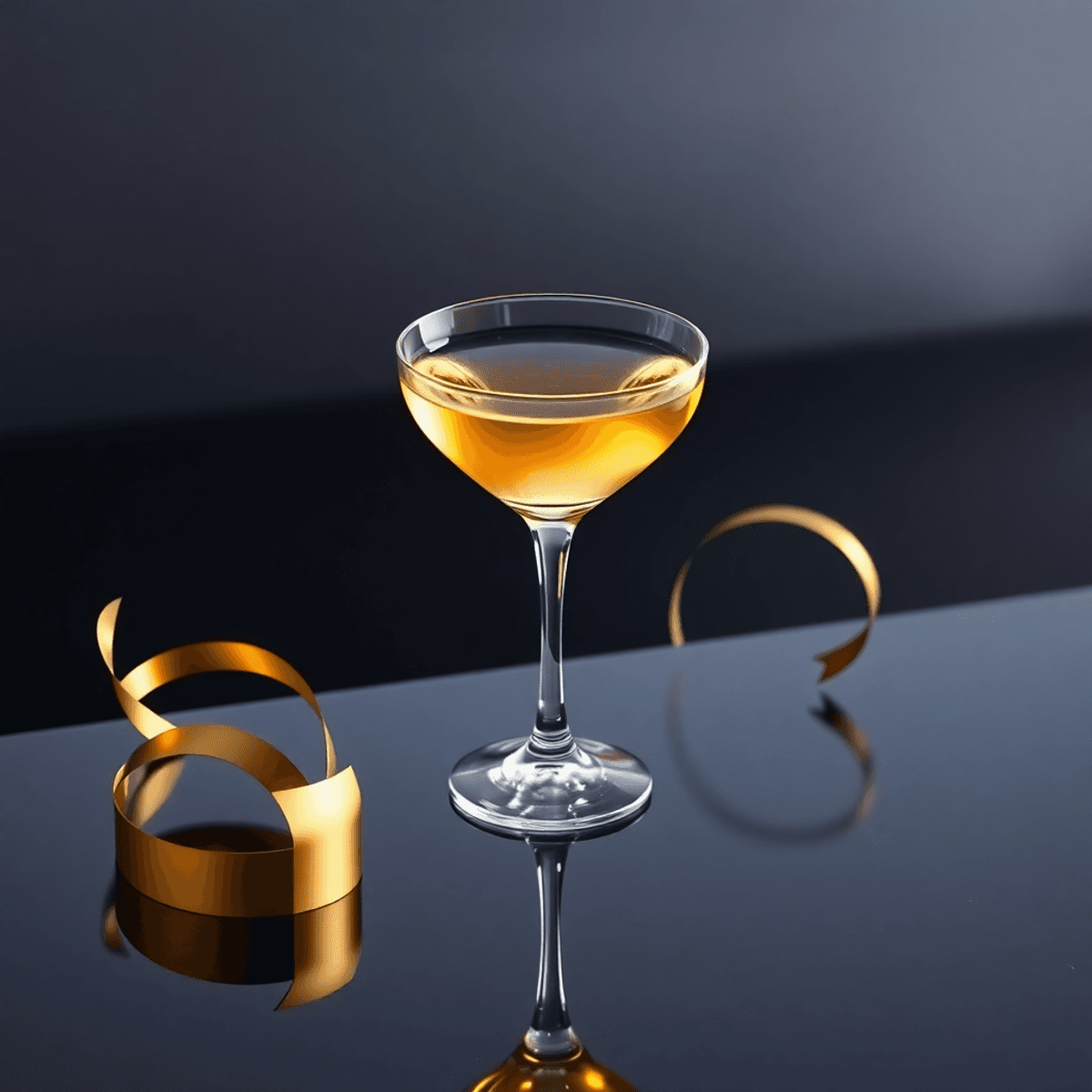 A luxurious cocktail glass on a dark reflective surface with abstract golden and silver shapes, conveying e...