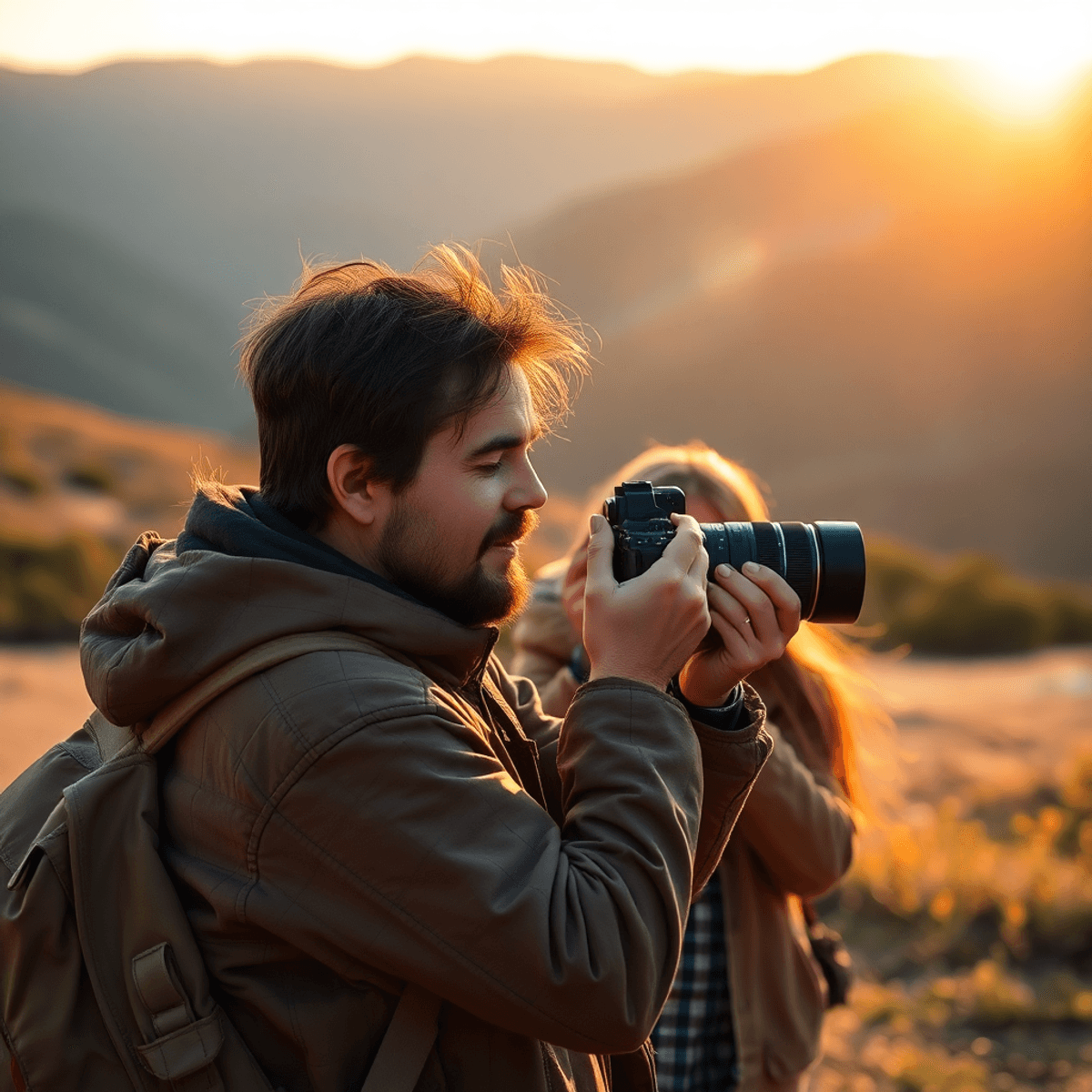 A travel photographer capturing candid moments in a vibrant natural landscape at golden hour with soft sunl...
