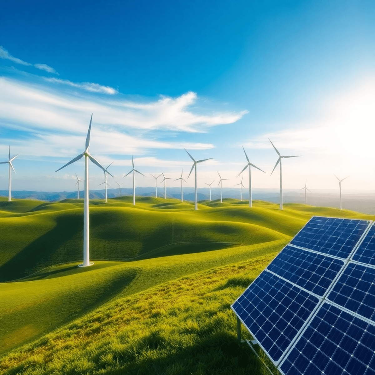 Wind turbines spin on green hills under a bright blue sky, with solar panels shining nearby, representing c...