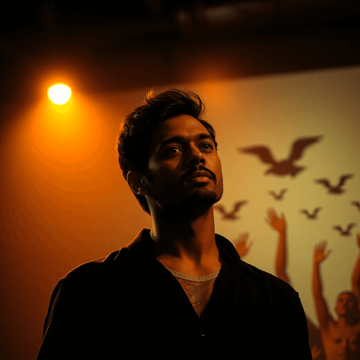 Actor on stage under warm light with abstract flames and birds in a colorful backdrop symbolizing passion, ...