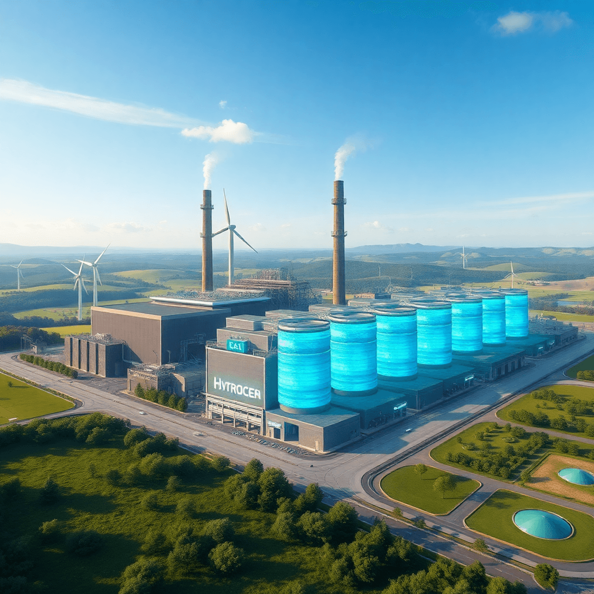 A futuristic steel factory with glowing blue hydrogen flames, surrounded by green fields and wind turbines ...