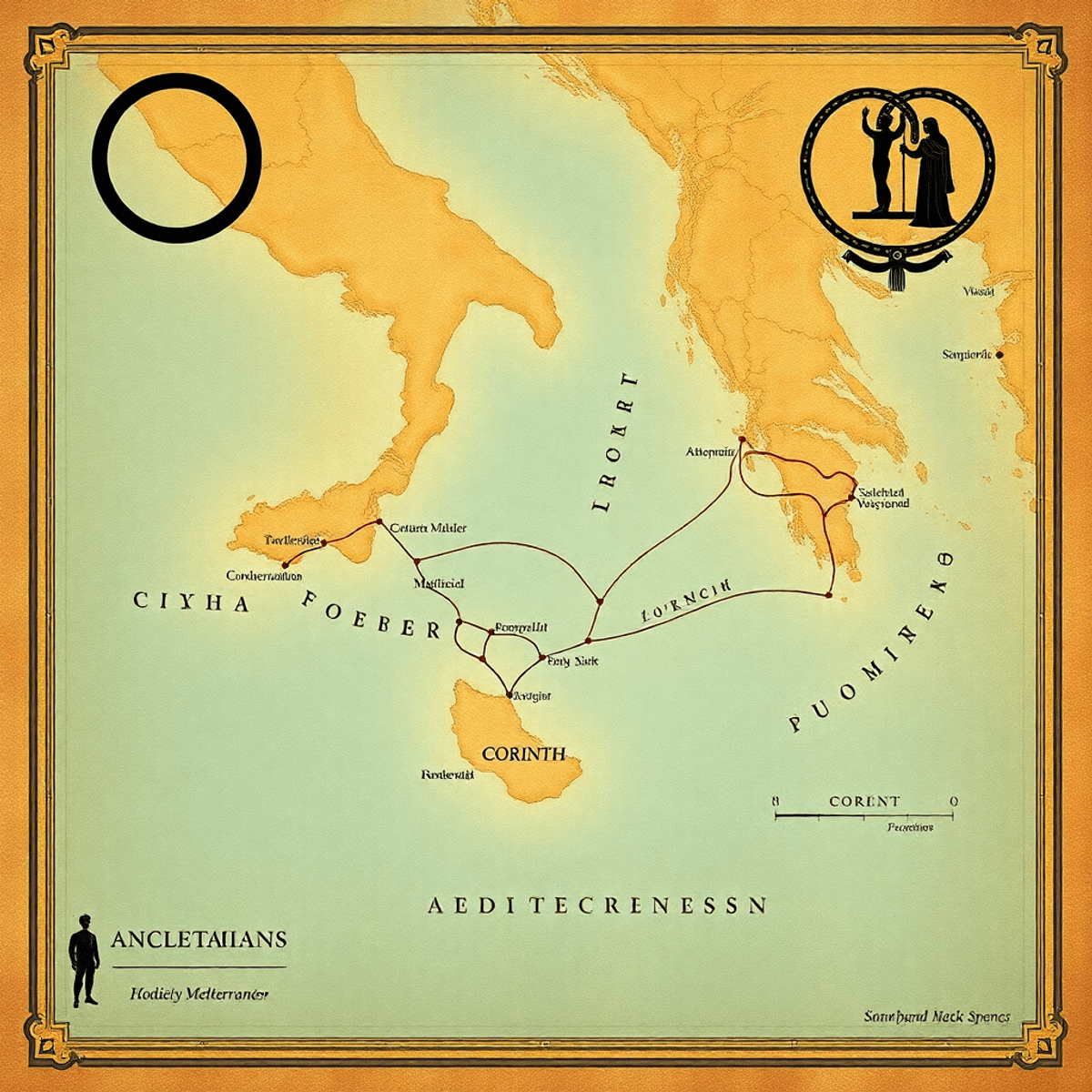 Ancient Mediterranean map highlighting Corinth with maritime trade routes and symbols of oligarchic governa...