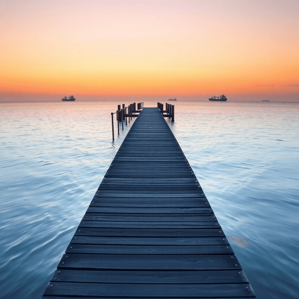 Wooden pier over calm water at sunrise, with a vast sky and distant ships on the horizon, symbolizing conne...