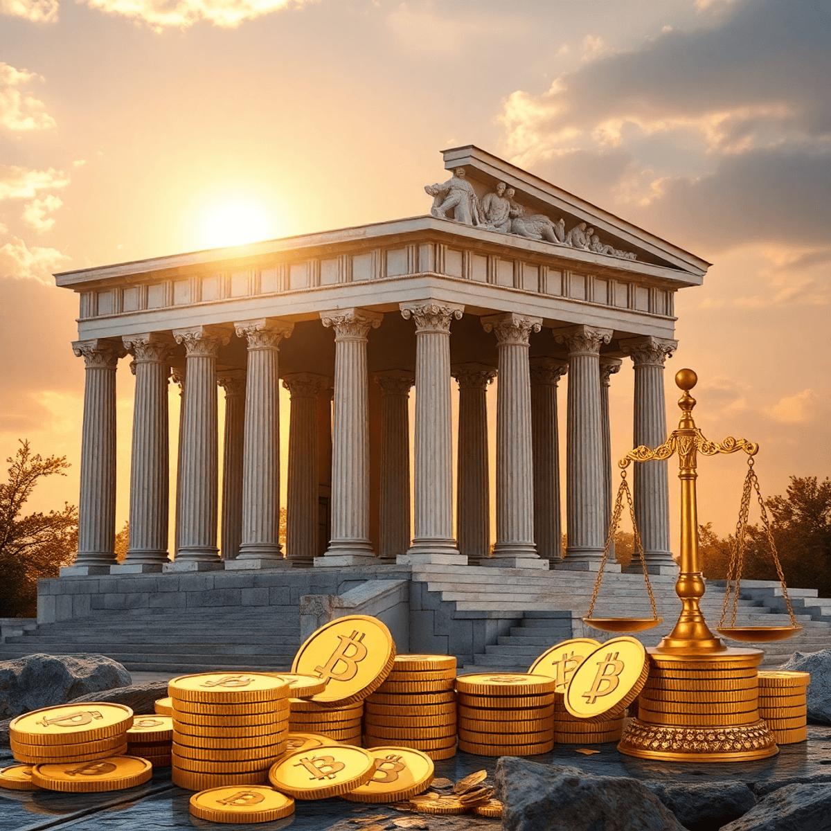 Photograph of a classical Greek temple with grand columns, abstract golden coins and scales, set against a softly glowing sunrise symbolizing wealth and political ideas.