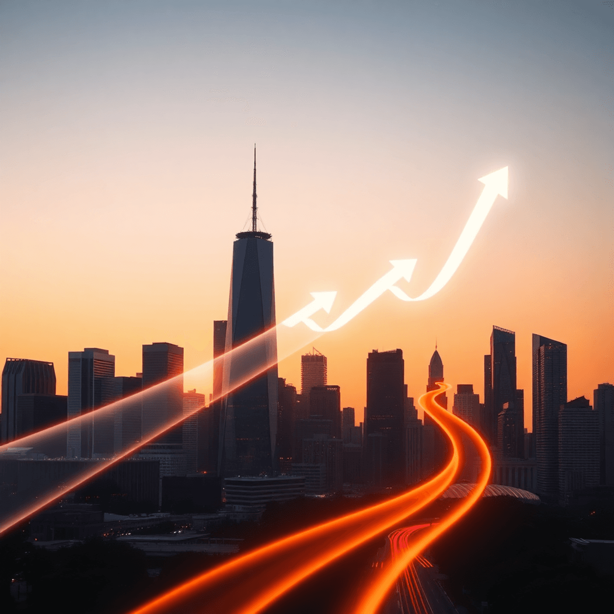Sunrise city skyline with glowing skyscrapers and dynamic light trails symbolizing growth, set against a cl...