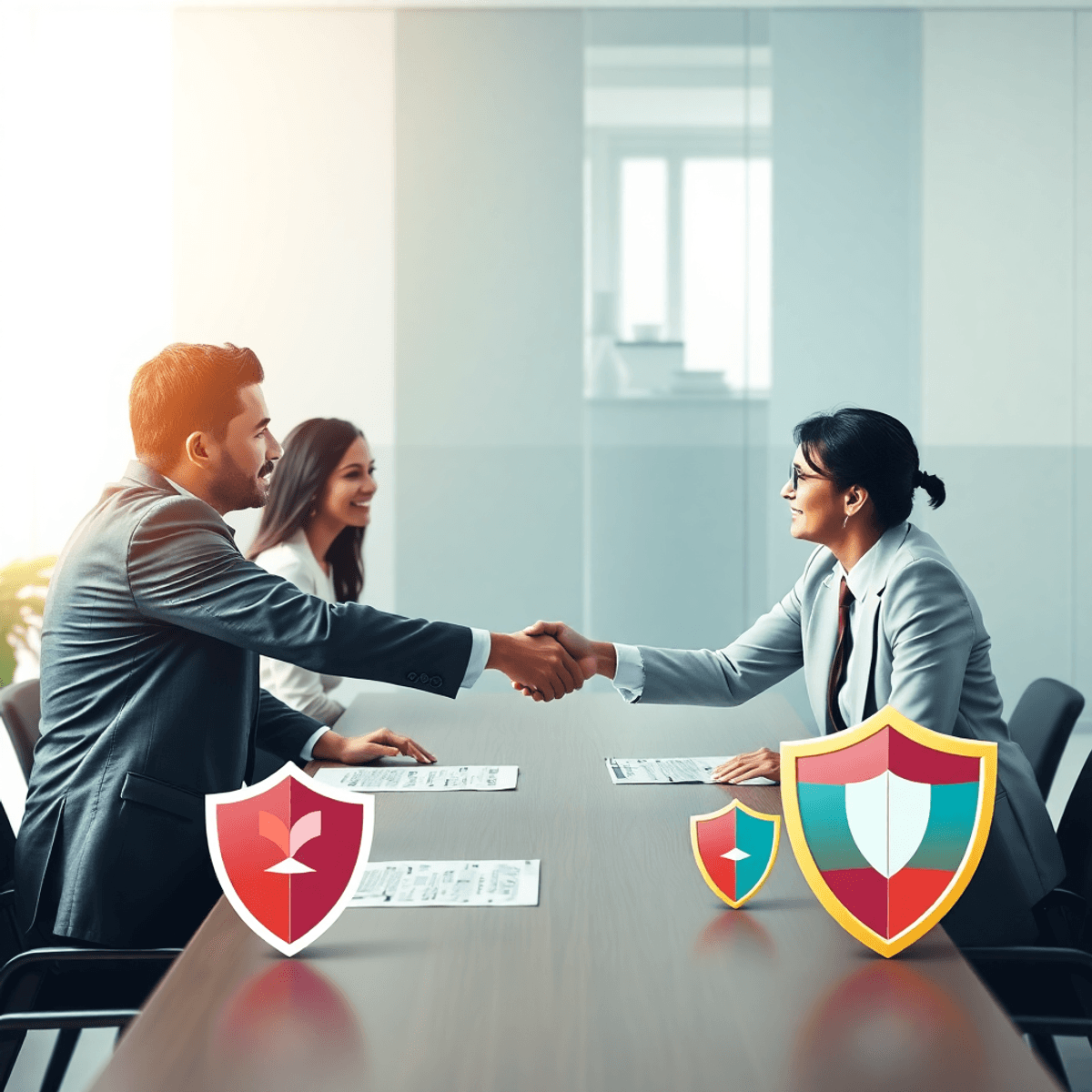 Business meeting with individuals shaking hands across a table, surrounded by abstract contract documents, ...