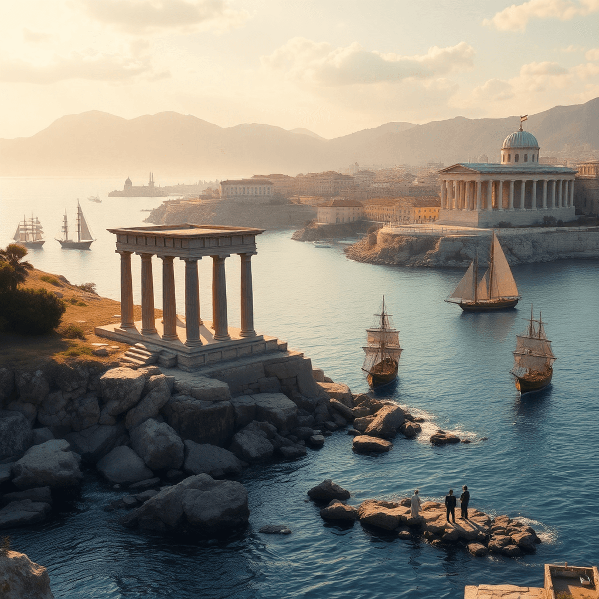 Sunlit ancient Greek city-states with classical temples on rocky Mediterranean shores, sailing ships approaching in a photographic style.