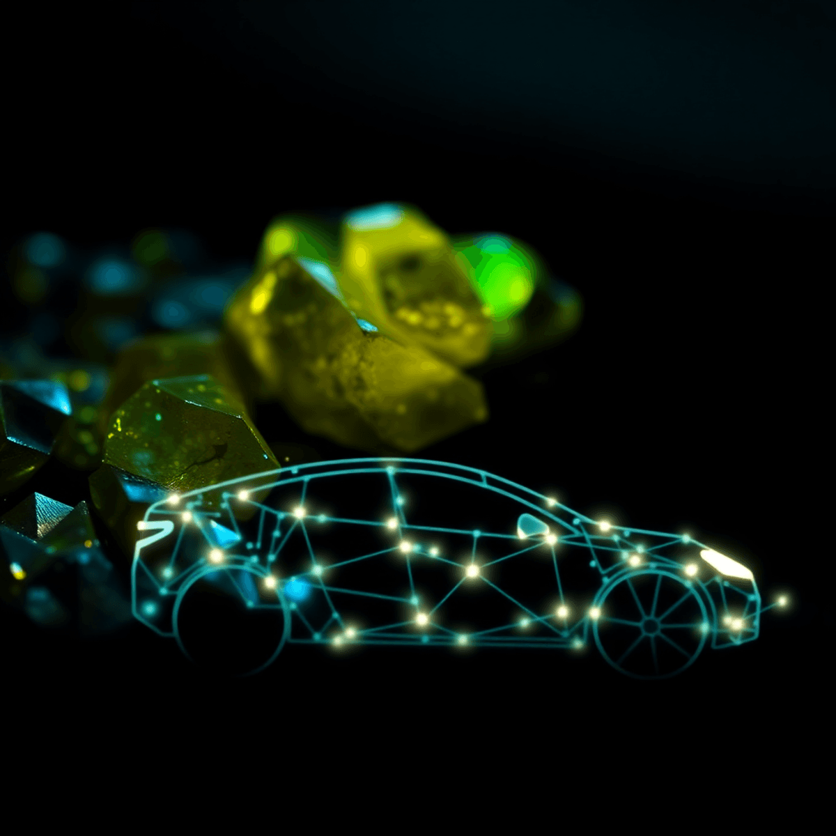 Close-up of glowing rare earth minerals with green and blue hues beside a glowing electric vehicle silhouet...