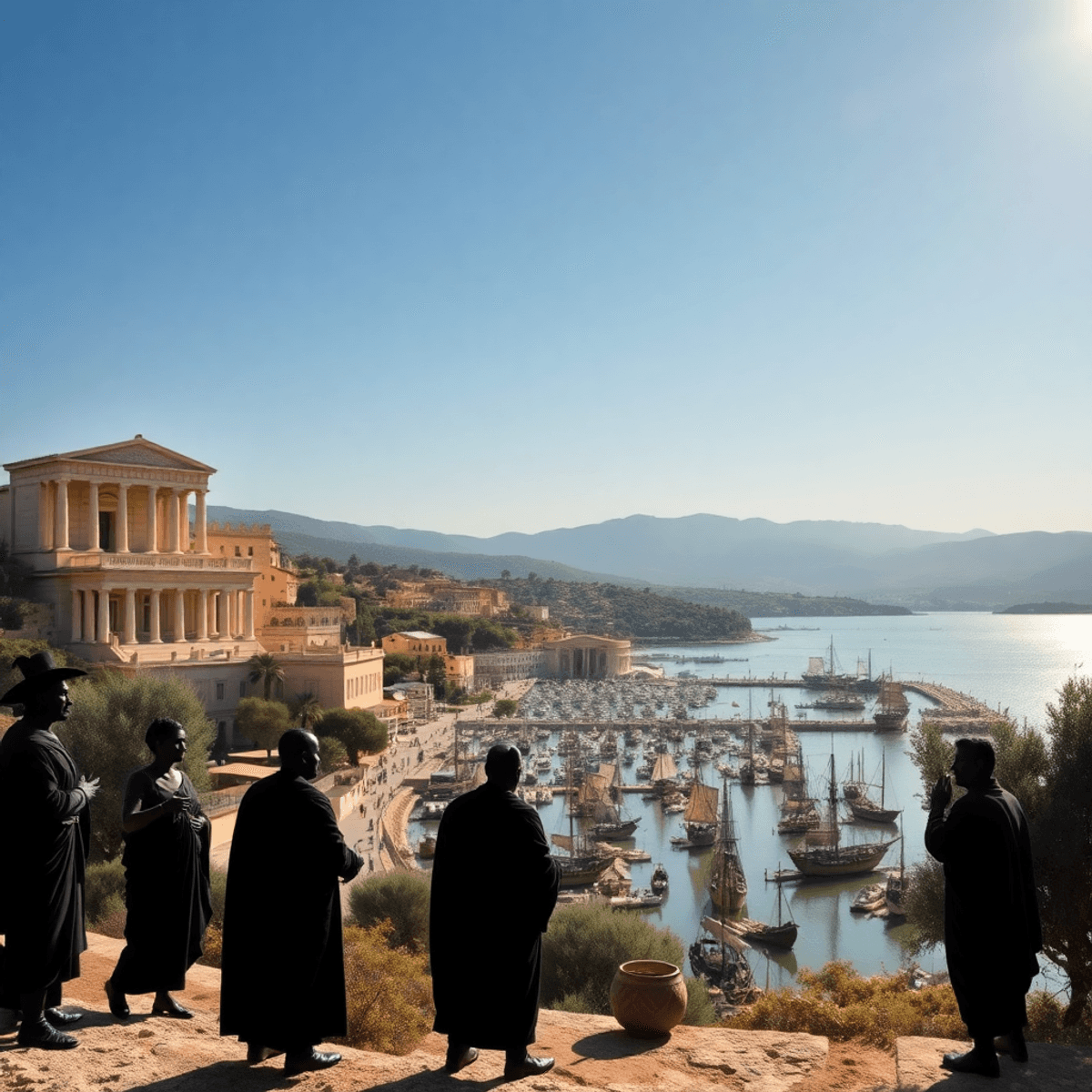 Sunlit ancient Mediterranean coastal town with Greek-style buildings, busy harbor, figures in discussion, o...