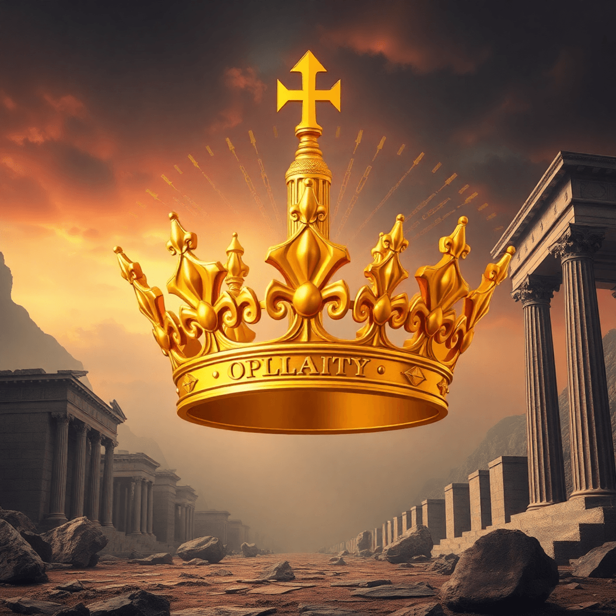 Golden crown intertwined with digital circuitry and ancient columns against a backdrop blending historical and futuristic elements, symbolizing evolving political influence.