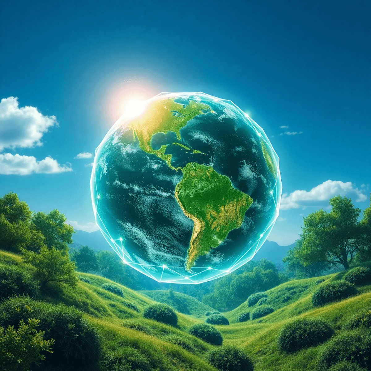 Futuristic landscape with glowing geometric shapes and lush greenery under a bright sky, symbolizing advanc...