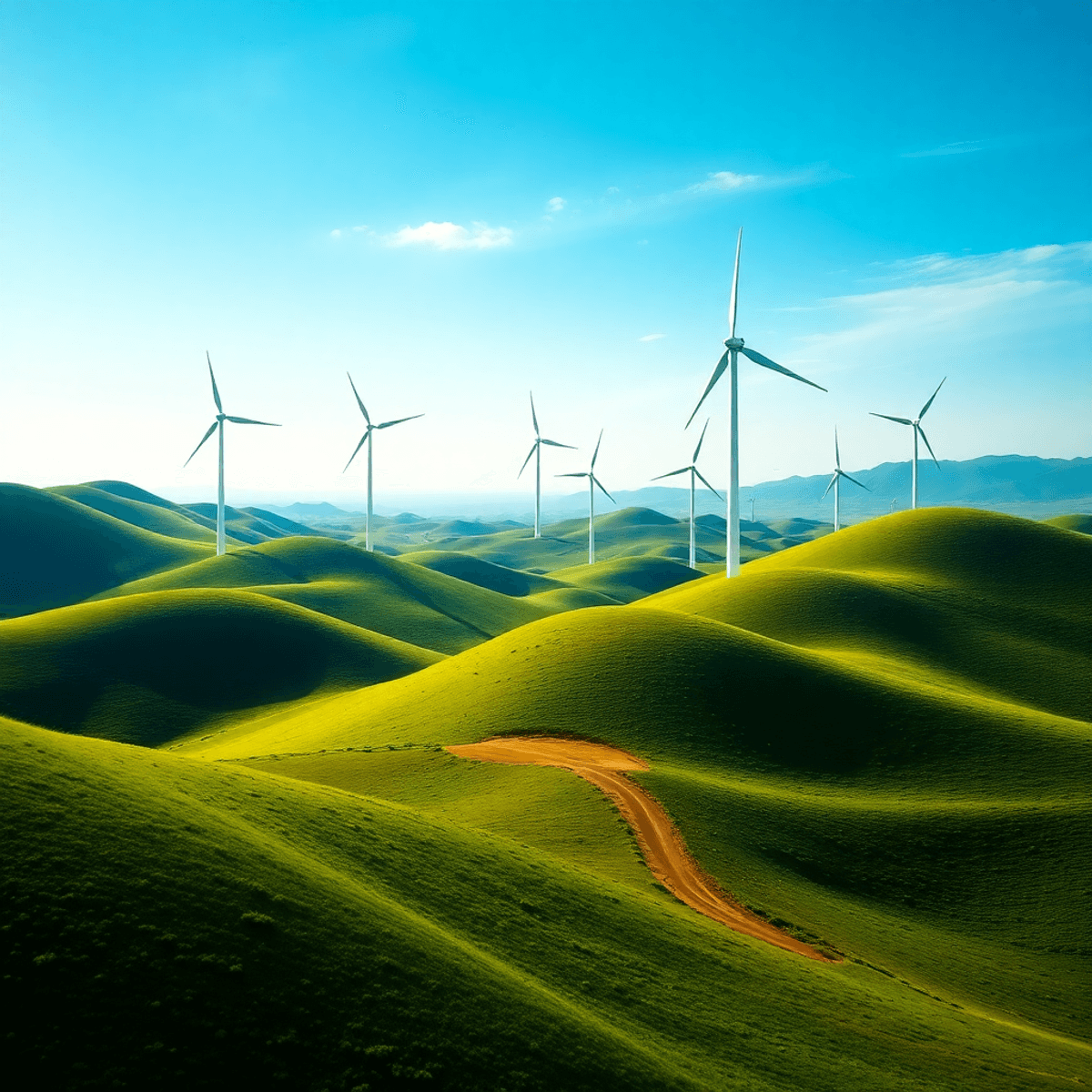 Modern wind turbines spinning on green hills beneath a bright blue sky, symbolizing clean and sustainable e...