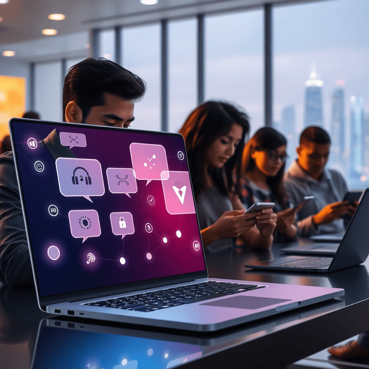 A sleek laptop with abstract chat bubbles and glowing AI icons, people using devices in the background, wit...