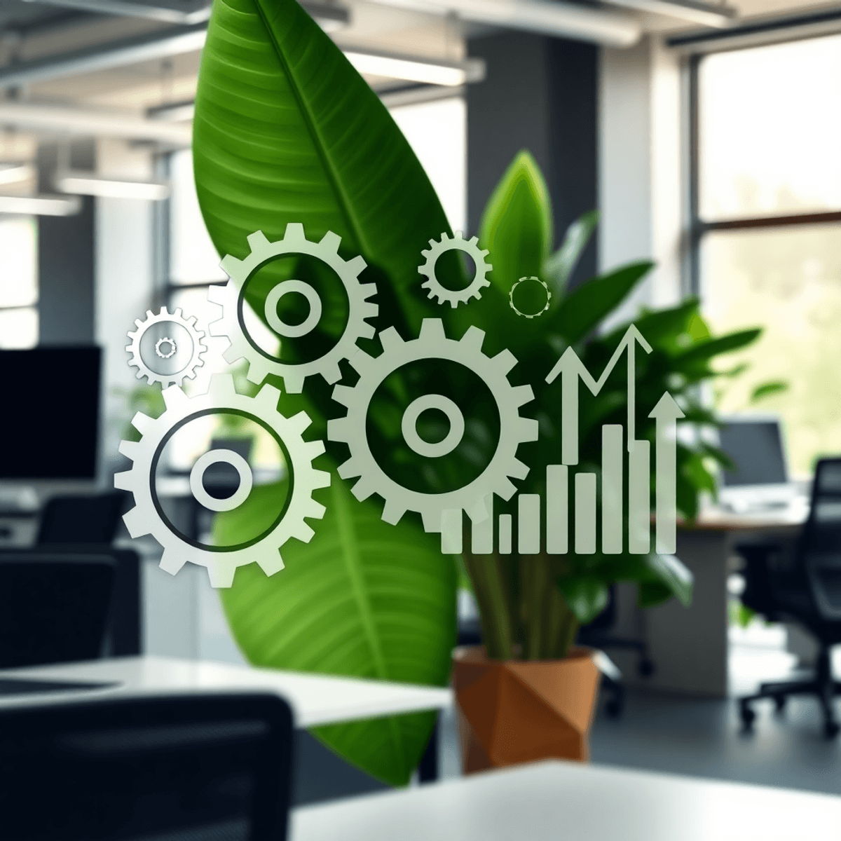 Modern office with abstract gears, economic charts, and green leaves symbolizing innovation, integration, a...