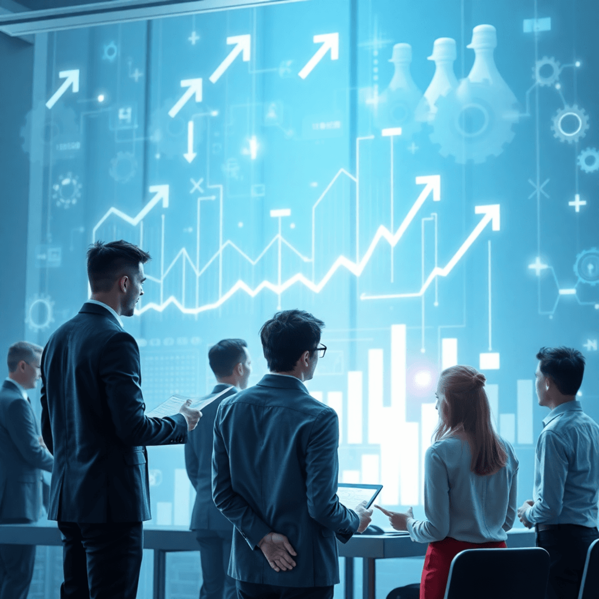 Professionals in a futuristic office analyzing holographic data charts and interfaces, surrounded by symbol...