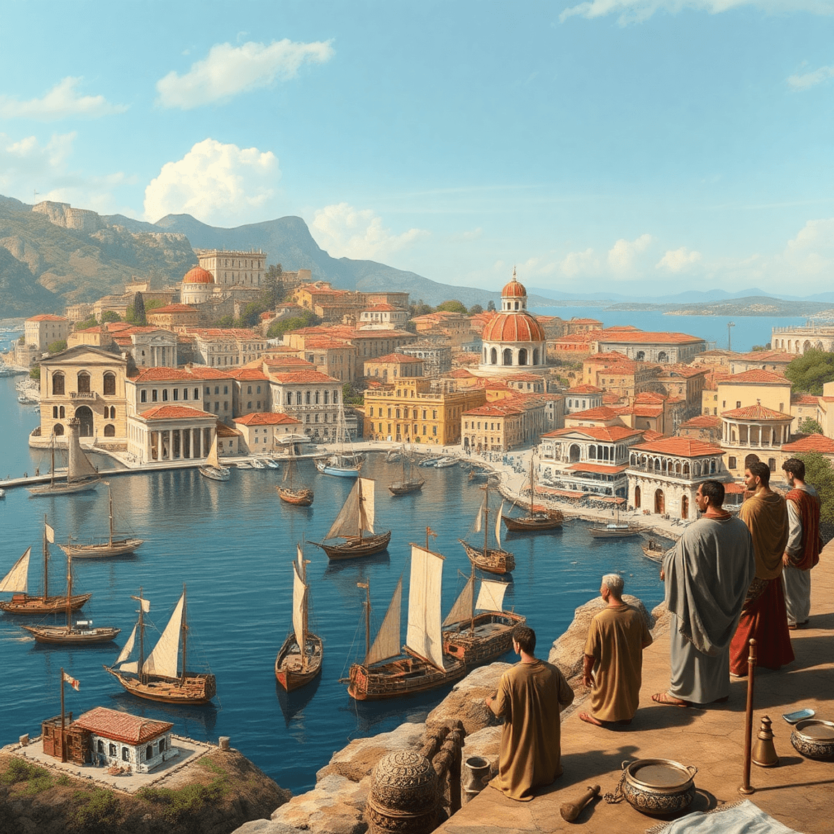 Ancient Mediterranean coastal city with classical Greek buildings, busy harbor with merchant ships, and eli...