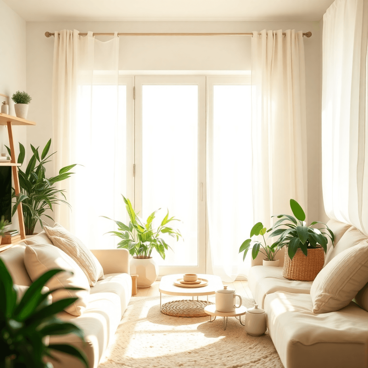 Cozy sunlit room with plants, soft light, and a peaceful morning routine symbolizing balance and contentmen...