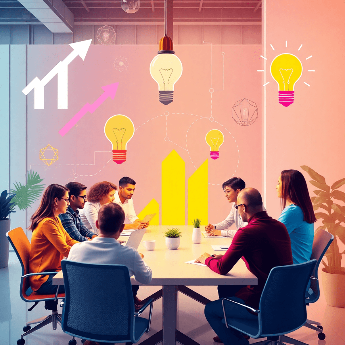 Professionals collaborating in a bright office with abstract growth symbols, lightbulbs, and interconnected...