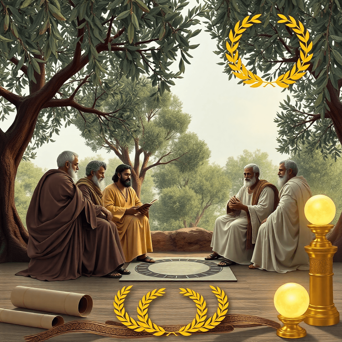 Philosophers in traditional robes discuss under olive trees, surrounded by scrolls, golden laurel wreaths, ...