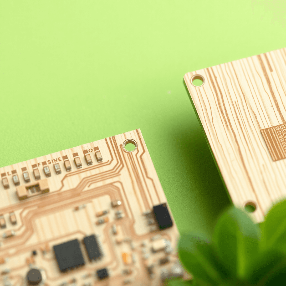 Close-up of eco-friendly circuit boards made from natural materials on a soft green background symbolizing ...