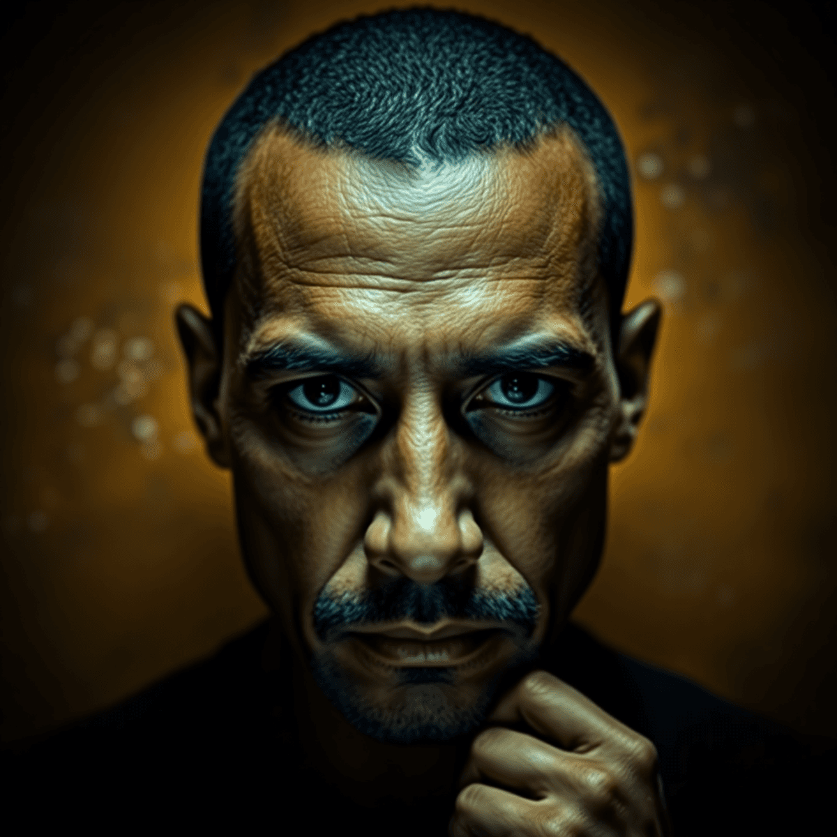 Portrait of a thoughtful male actor with intense eyes against a warm, textured background, capturing deep e...