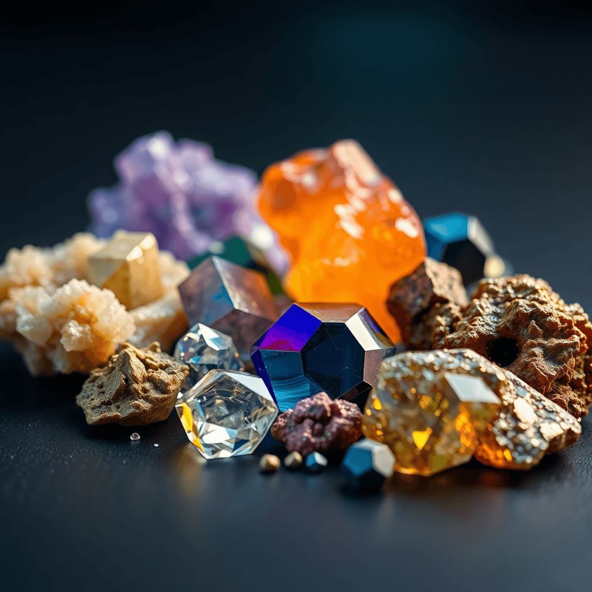 Close-up of shiny, colorful mineral crystals and metallic ores on a dark surface with soft glowing light, h...